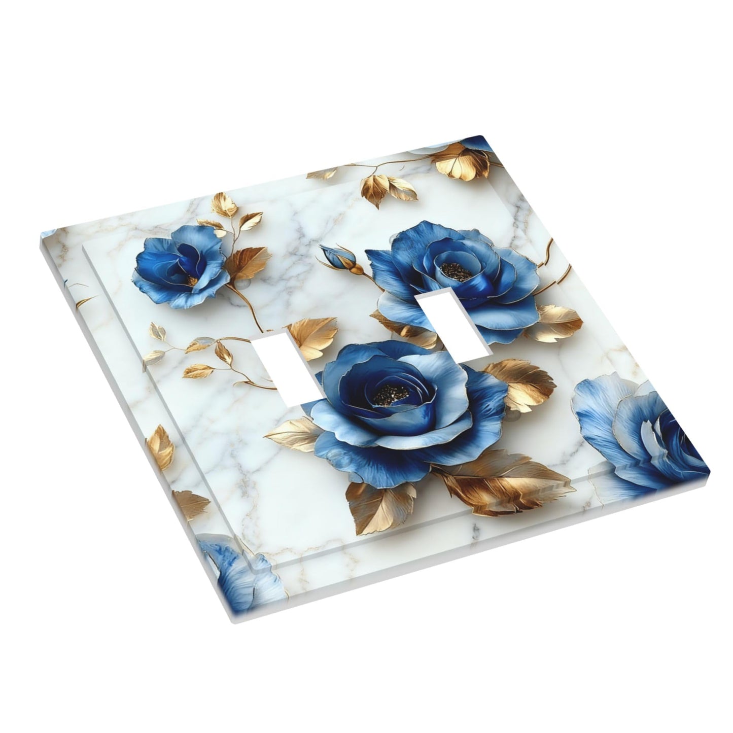 Decorative Art Light Switch Covers Gilded Blue Roses 2 Gang Double Toggle Wall Plate Decorative Switchcover Electrical Switchplate for Home Decor