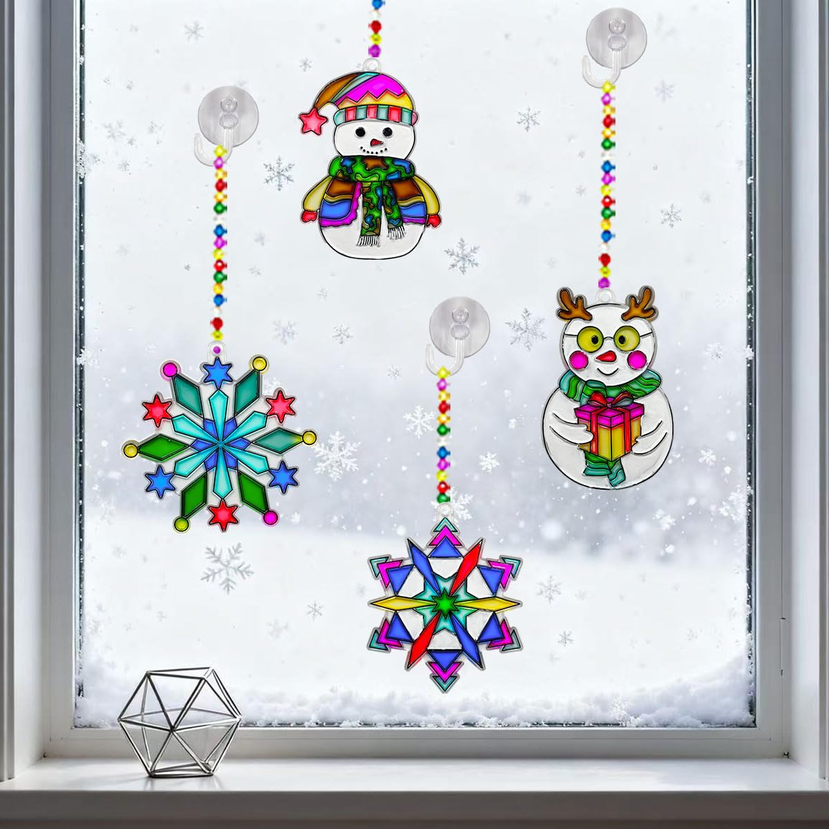 AUEKIV Suncatchers Kit 30sets Snowflake Sun Catcher DIY Window Paint Art Craft Kits Christmas Snowman Snowflake Suncatchers Ornaments for Xmas Decoration Winter Home Outdoor Party Activity