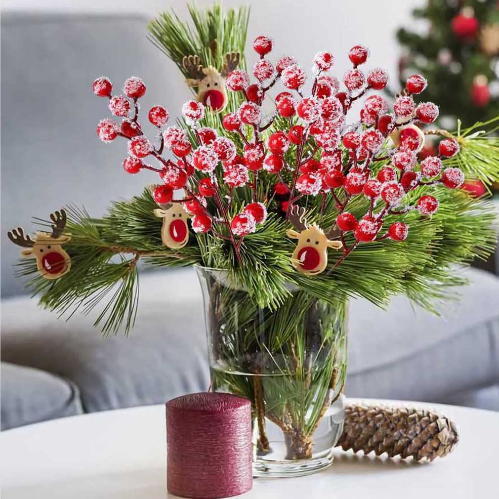KSPOWWIN 24 PCS Artificial Holly Berry Stem Picks with Snowflake Glitter Christmas Tree Berries Floral Picks for Christmas Tree Ornaments DIY Wreath Crafts Wedding Decor