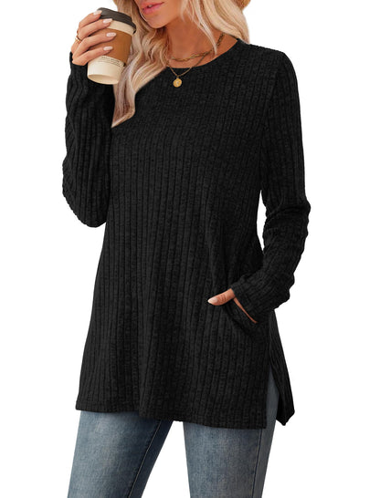 SAMPEEL Womens Sweaters Crewneck Long Sleeve Shirts with Pockets Fall Outfits 2025 Fashion Winter Clothing Side Slit