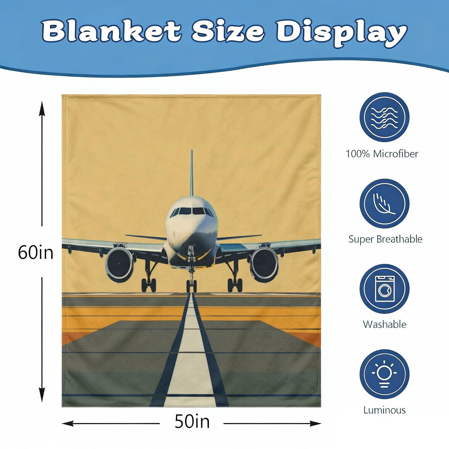 Airplane Airport Blanket for Boys Girls, Soft Fleece Throw Blanket for Kids Toddler Bed, Funny Gifts for Christmas Birthday Bedroom Decor, 50"x60"