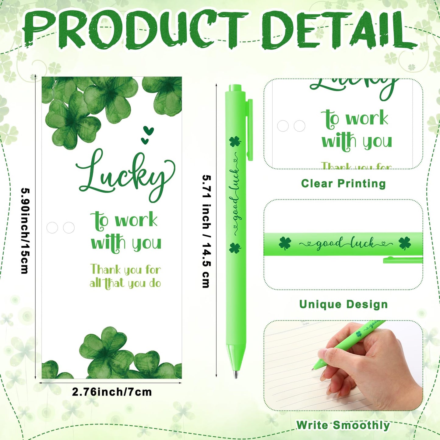 Fullhawl 12 Sets Shamrock Pen Gifts Bulk for Employee Good Luck Ballpoint Pens Clover Keychains with Thank You Cards for Teacher End of Year Team Staff Coworker Graduation