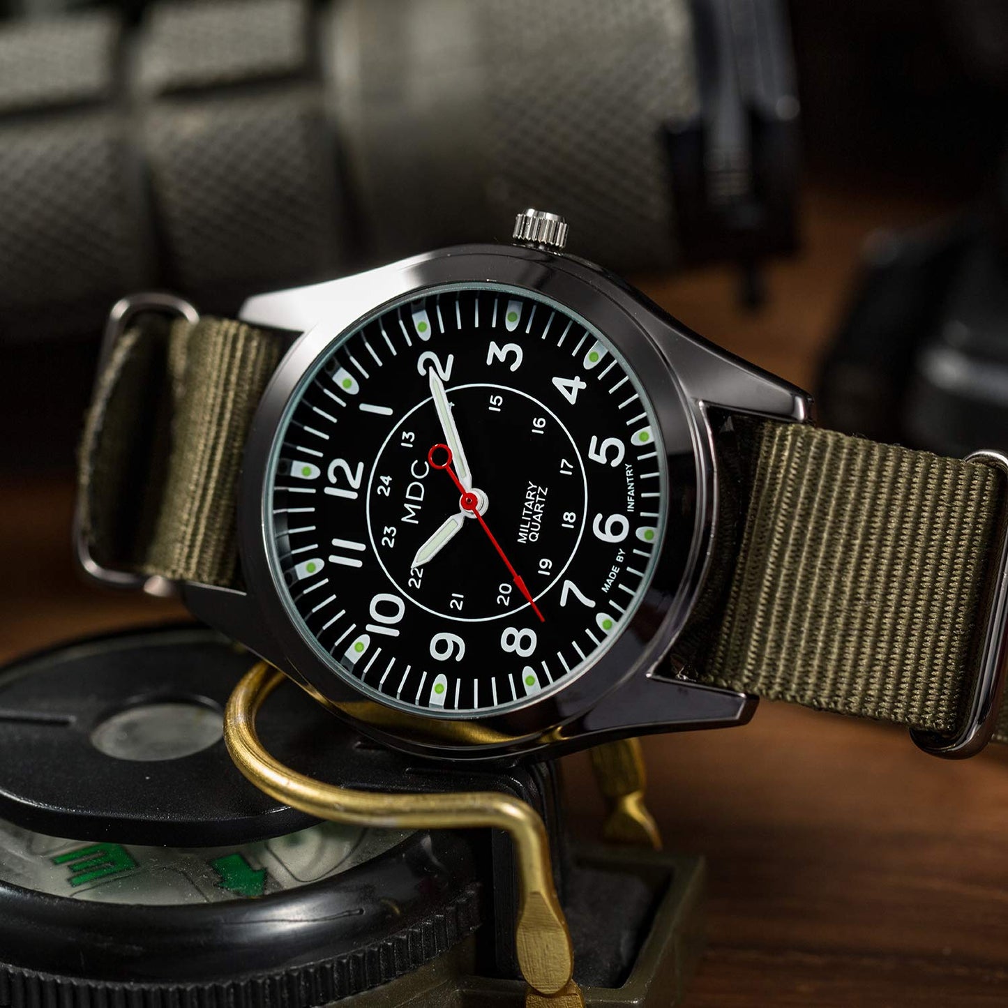 Infantry Black Military Watches for Men Tactical Wrist Watch Outdoor Sport Field Analog Work Army Wristwatch Men's Green Nylon Band by MDC