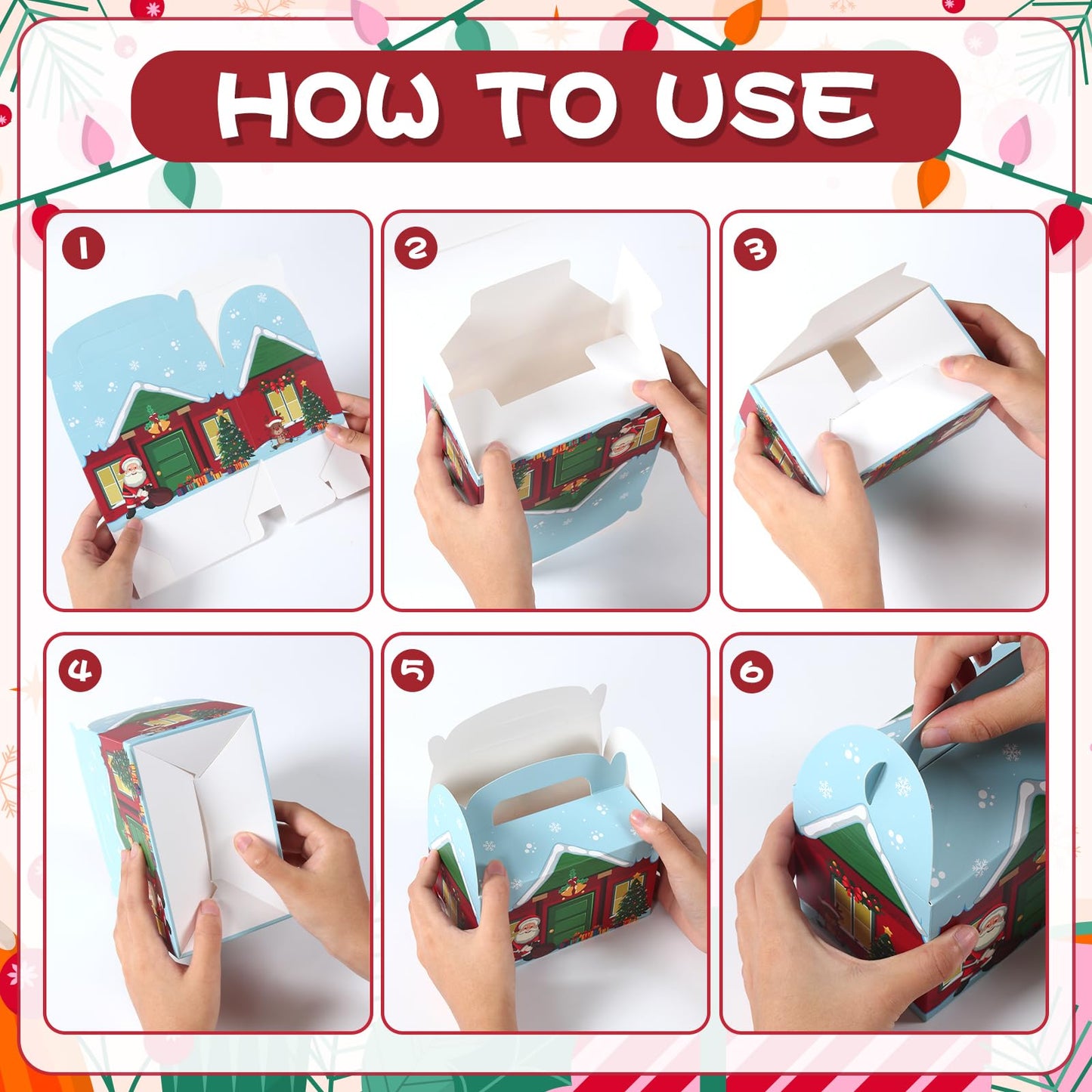 Patimate 24pcs Christmas Cookie Boxes for Gift Giving, 4 Style 3D Xmas House Cardboard Treat Boxes with Handles for Christmas Goodie Candy Holiday Party Favor Supplies
