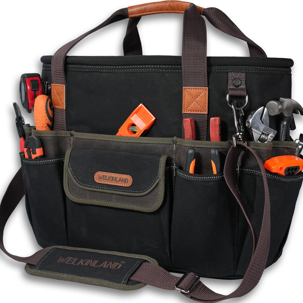WELKINLAND 42-Pockets Electrician Tool Tote, 16-Inch Open Top Tool Tote, Heavy-Duty Electrician Tool Bag, Waxed-Canvas HVAC Service Bag, Easy-Access Bag For Tools, Stay-Up Tool Bags For Men