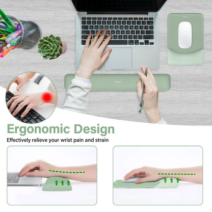 MOSISO Wrist Rest Support for Mouse Pad&Keyboard Set, Rectangular Ergonomic Mousepad Non-Slip Base Home/Office Pain Relief&Easy Typing Pad with Neoprene Cloth&Raised Curved Memory Foam, Green