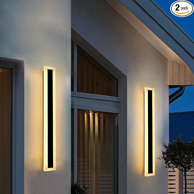 TooCust 2 Pack 23.6in Long Outdoor LED Wall Light, IP65 Waterproof, 24W Warm White 3000K, Narrow Strip Light, Long Wall Sconce for Garage, Wired Installation