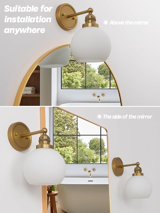 Gold Wall Sconces,Vintage Bathroom Vanity Light with Milk Glass Modern Brass Sconces Wall Lighting for Living Room Bedroom Hallway Stairway E26 Hardwire Indoor
