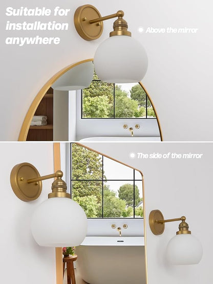 Gold Wall Sconces,Vintage Bathroom Vanity Light with Milk Glass Modern Brass Sconces Wall Lighting for Living Room Bedroom Hallway Stairway E26 Hardwire Indoor