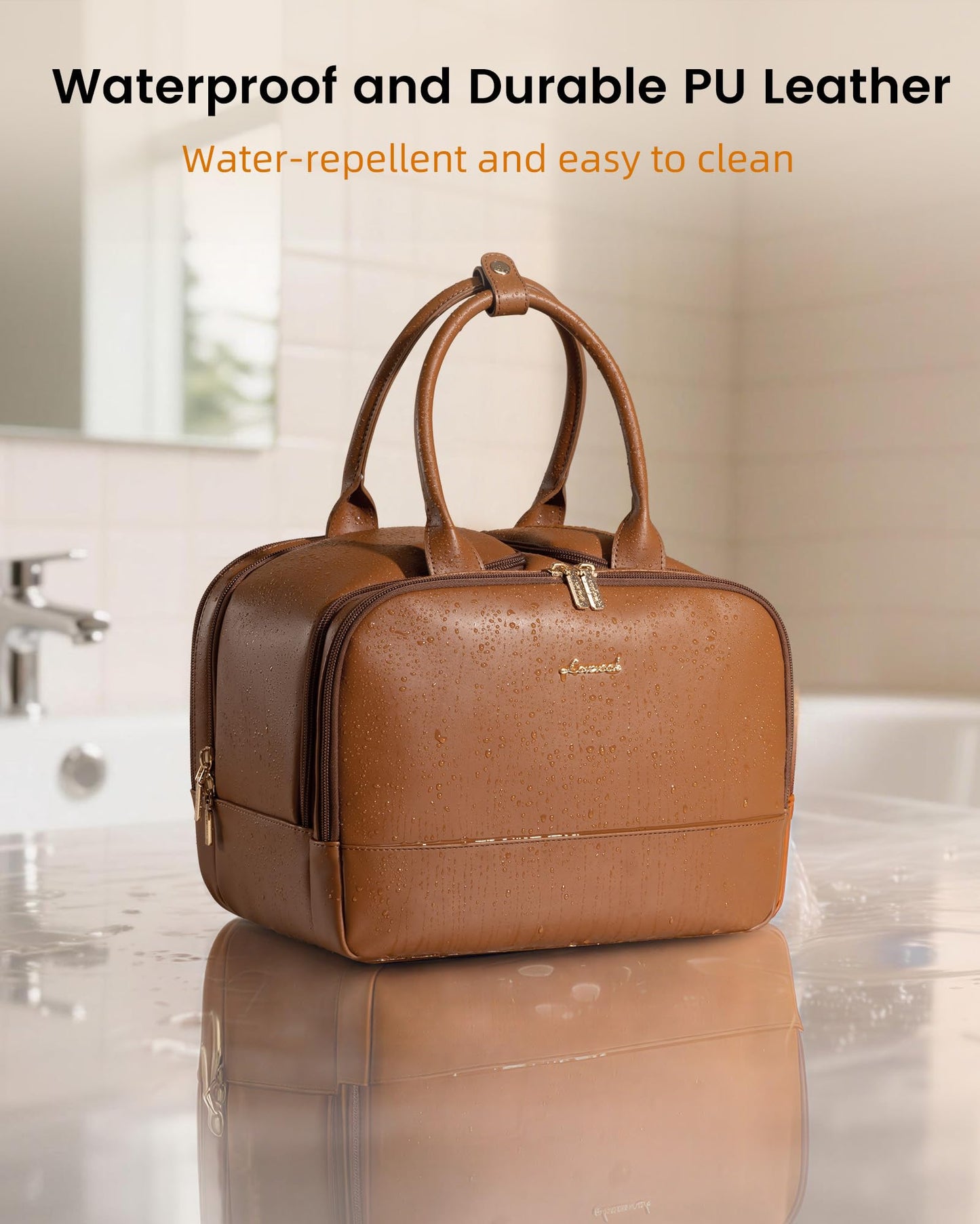 LOVEVOOK Travel Toiletry Bag for women, Leather Large Wide-open Makeup Bag, Waterproof Cosmetic Bag Organizer for Shower, Traveling, Toiletries, Bathroom