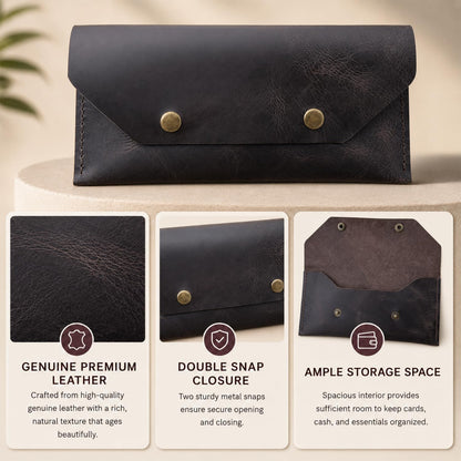 ZEMARS Genuine Leather Cash Envelope Wallet, Two Snap Money Pouch for Men and Women, Reusable Budget Envelope Wallet, Slim Organizer for Cash, Cards, Receipts, Checks and Keys (Dark Brown)