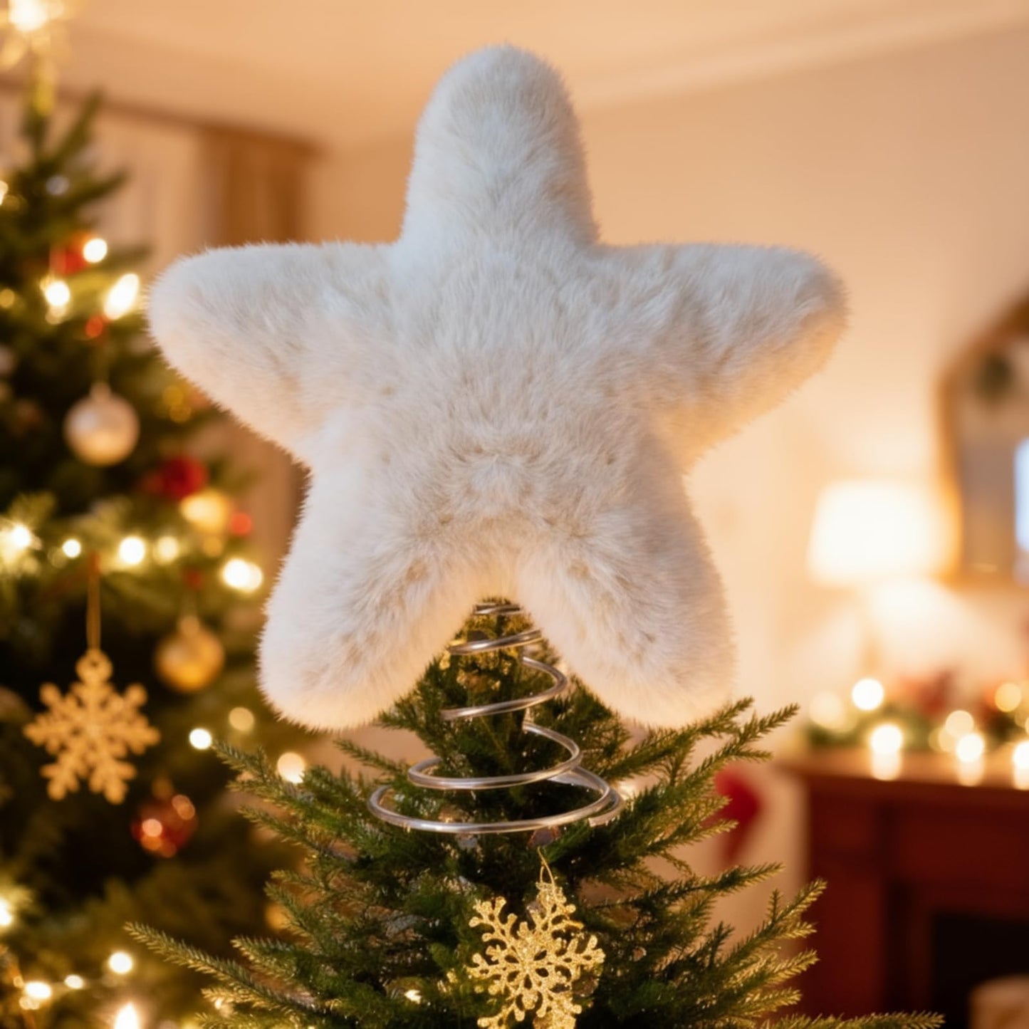 Soulchen 11 Inch White Christmas Star Tree Topper Faux Mink Fur Christmas Tree Topper Star White Rustic Treetop Ornaments for Xmas Decoration Home Indoor Outdoor Holiday Decoration