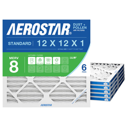Aerostar 12x12x1 MERV 8 Air Filter, 6 Count, ACTUAL SIZE (11.75 x 11.75 x 0.75), HVAC, Air Conditioning & Furnace Filter Captures Dust, Lint & Pollen (MPR 600 / FPR 5), Made in USA