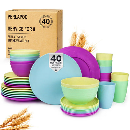 Wheat Straw Dinnerware Set 40-Piece Service for 8 Unbreakable Dishes Set Plates and Bowls Sets Drinking Glasses Microwave Safe Dish Set Lightweight Dinnerware Set for Home & Kitchen - Yellow