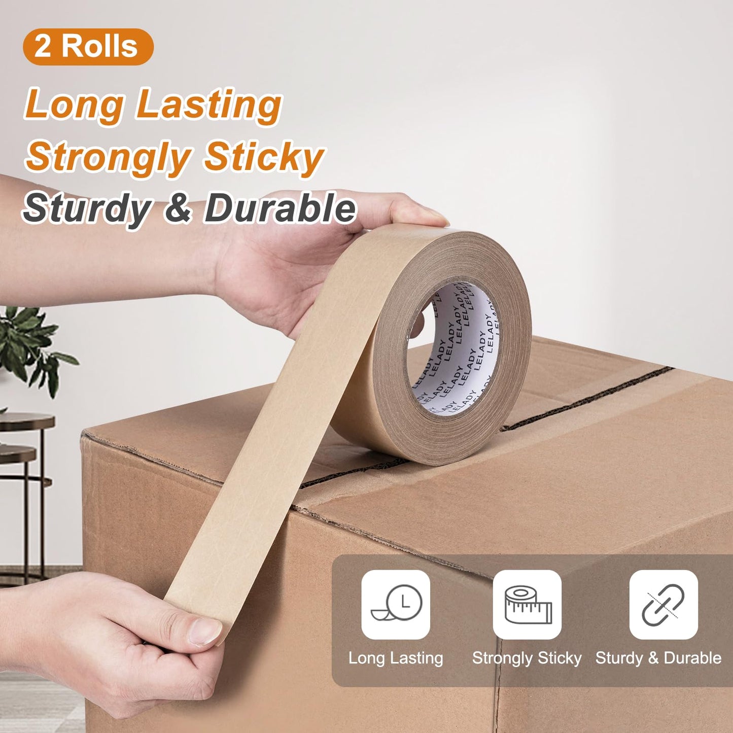 LELADY Kraft Paper Tape 2 Inch x 55 Yards - 2 Rolls Self Adhesive Gummed Packing, Reinforced Heavy Duty Brown Tape for Masking, Sealing, Packing