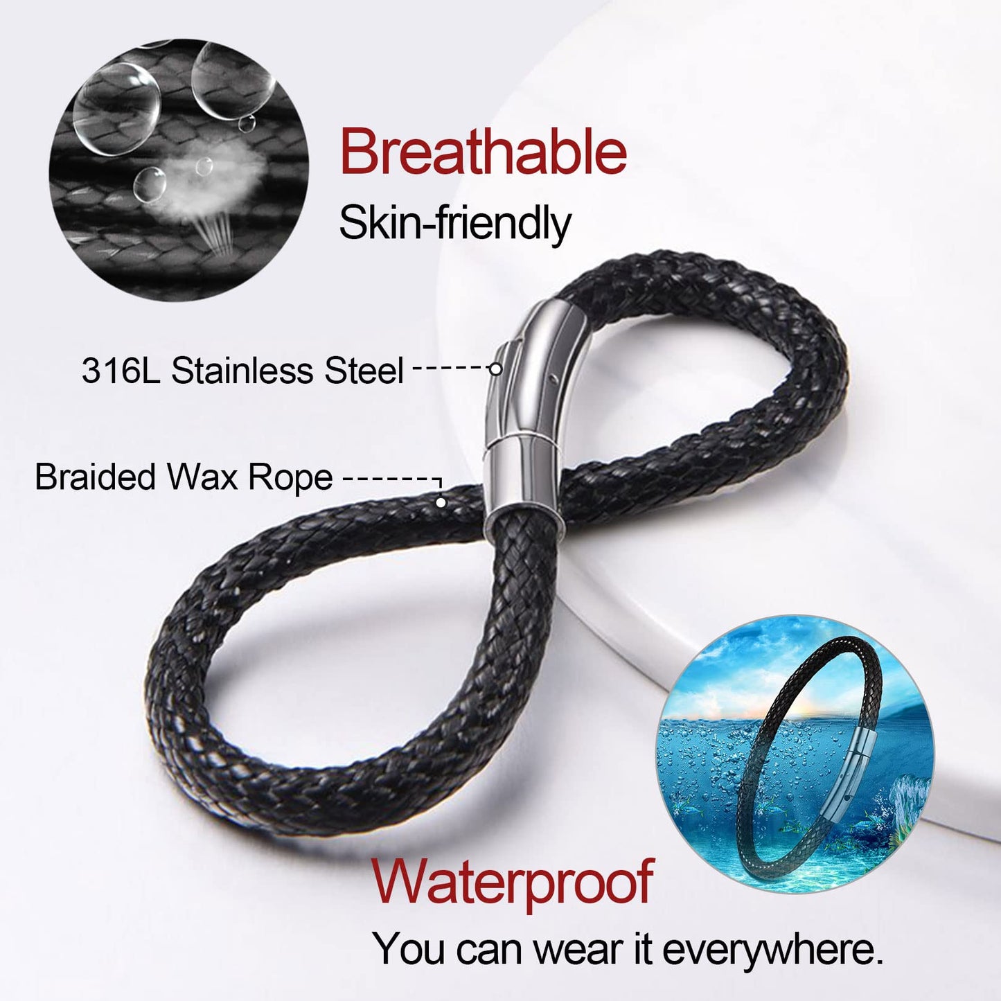 FOCALOOK Black Leather Bracelet for Men, Braided Wax Rope Bracelet with Stainless Steel Clasp Engraved Inspirational Wristband Fathers Day Gift for Him Husband Dad Friend 7inch(18cm)