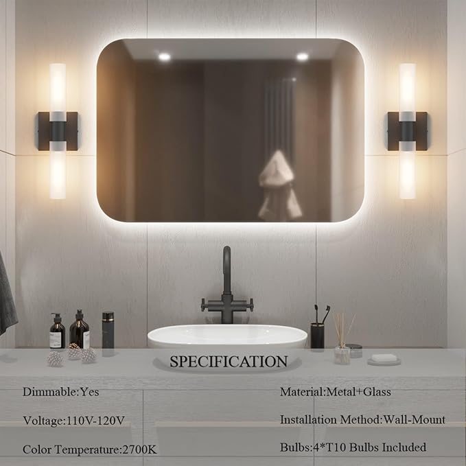 Black Wall Sconces Set of Two,15.7in Dimmable Hardwired LED Sconce Lighting Modern Indoor Vanity Sconce with Frosted Glass Shade for Bathroom Hallway(Bulbs Included)