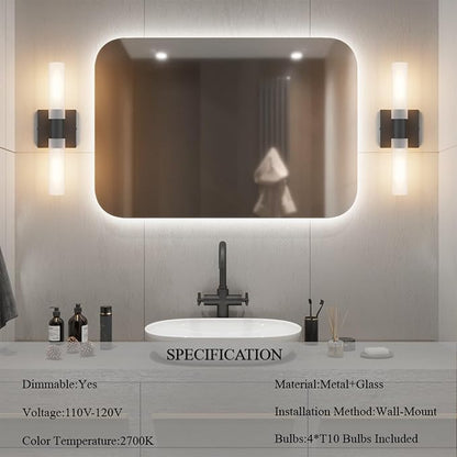 Black Wall Sconces Set of Two,15.7in Dimmable Hardwired LED Sconce Lighting Modern Indoor Vanity Sconce with Frosted Glass Shade for Bathroom Hallway(Bulbs Included)