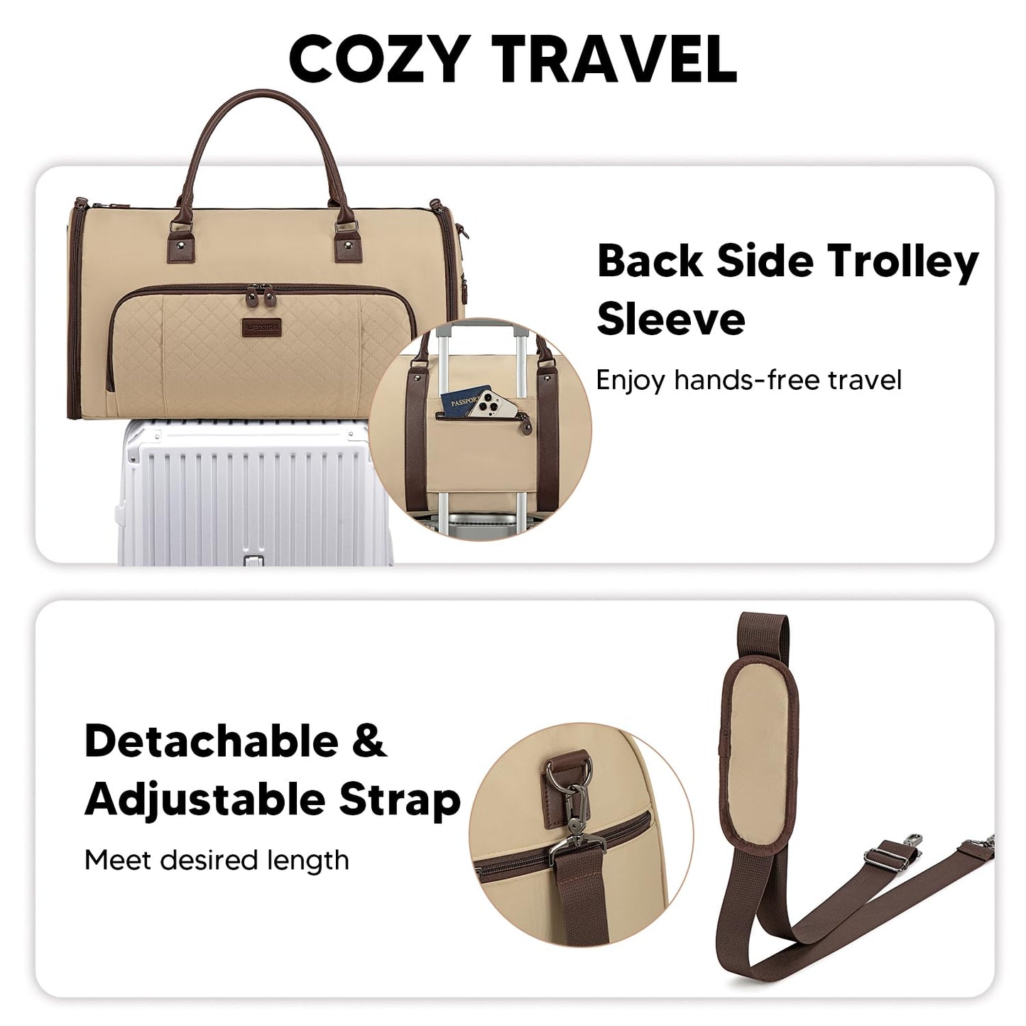 Vessgra 2 in 1 Duffle Bag, Carry On Duffle Bags for Women, 2 in 1 Suit Bag with Shoes Compartment 45L Garment Bag for Airplane Travel,Garment Bags with Shoulder Strap,(Khaki)