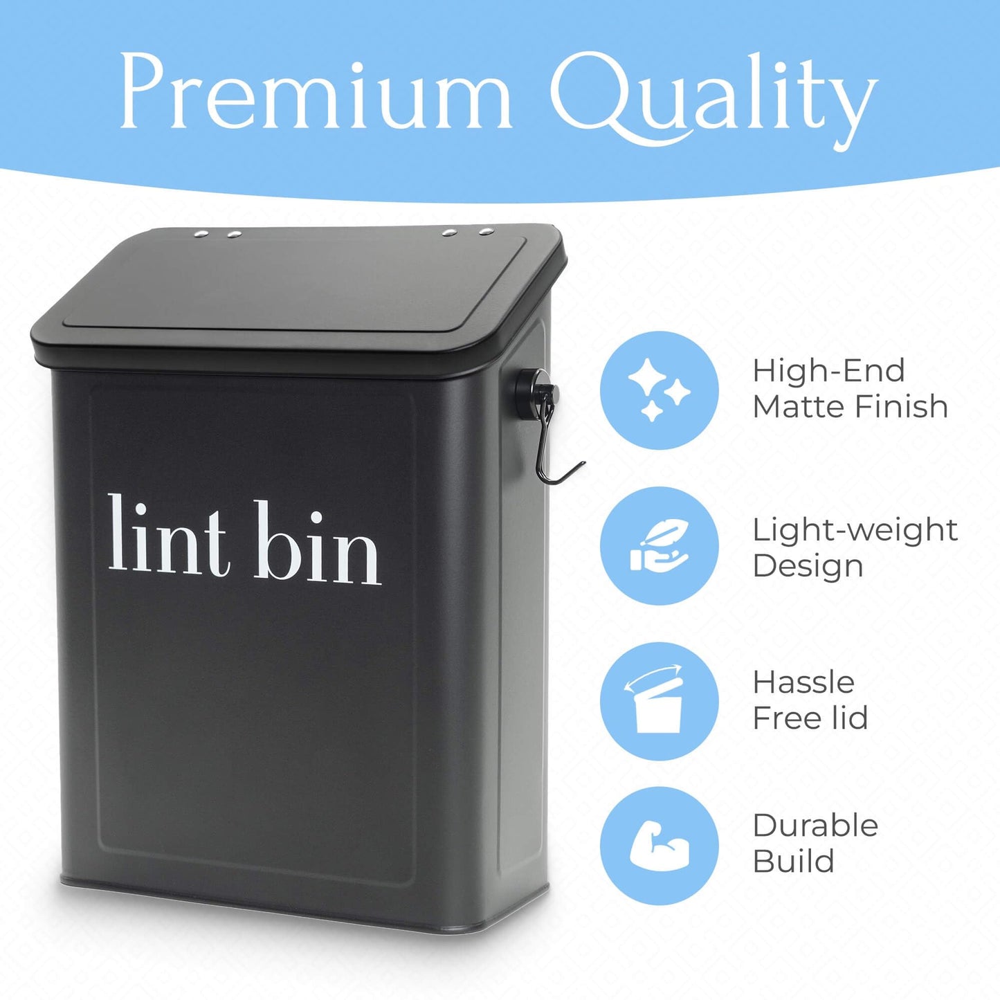 The Moda Collection Magnetic Laundry Lint Bin for Dryer | Wall-Mounted Small Trash Can for Laundry Room | Includes Magnetic Hook & Lint Brush | Space-Saving Magnetic Laundry Trash Can | Matte Black