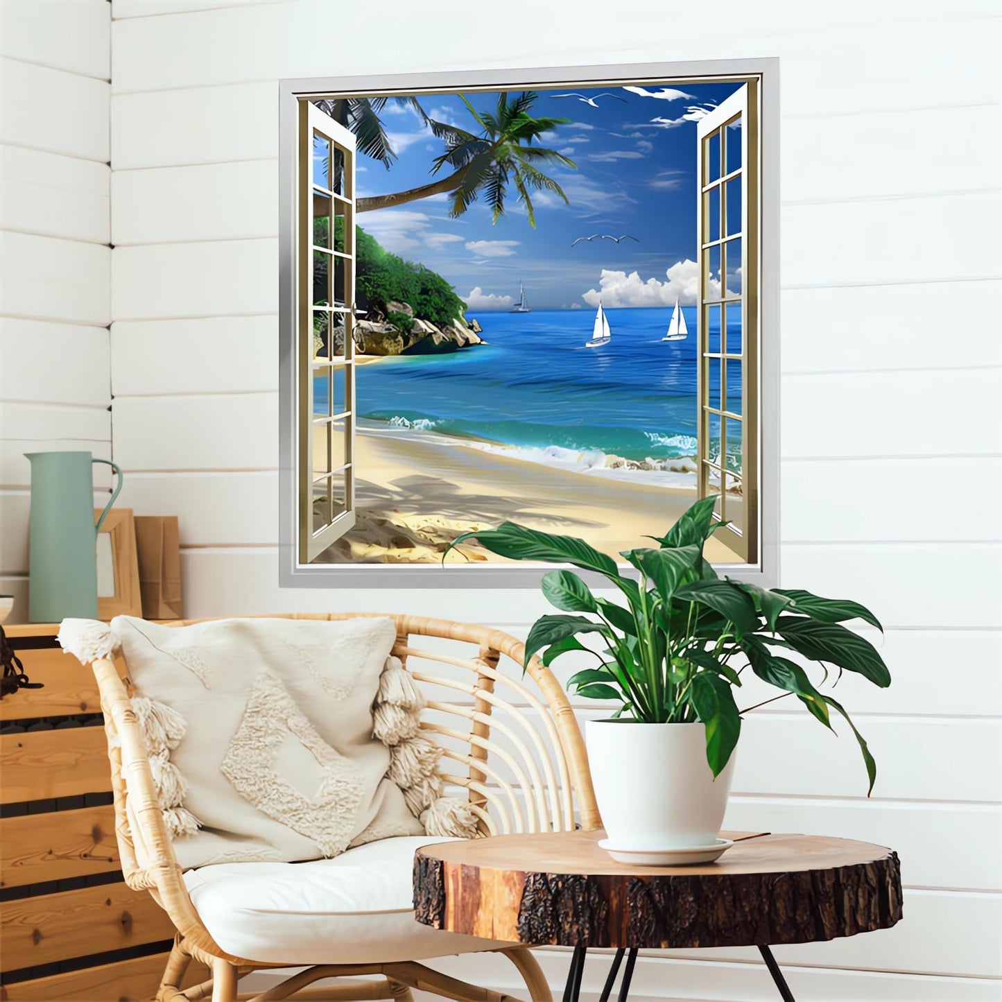 Seafront Beach Coconut Tree Fake Window Wall Stickers, sacinora 3D Seashores Seascape Wall Decals Removable Vinyl Peel and Stick Living Room Bedroom Art Home Decorations