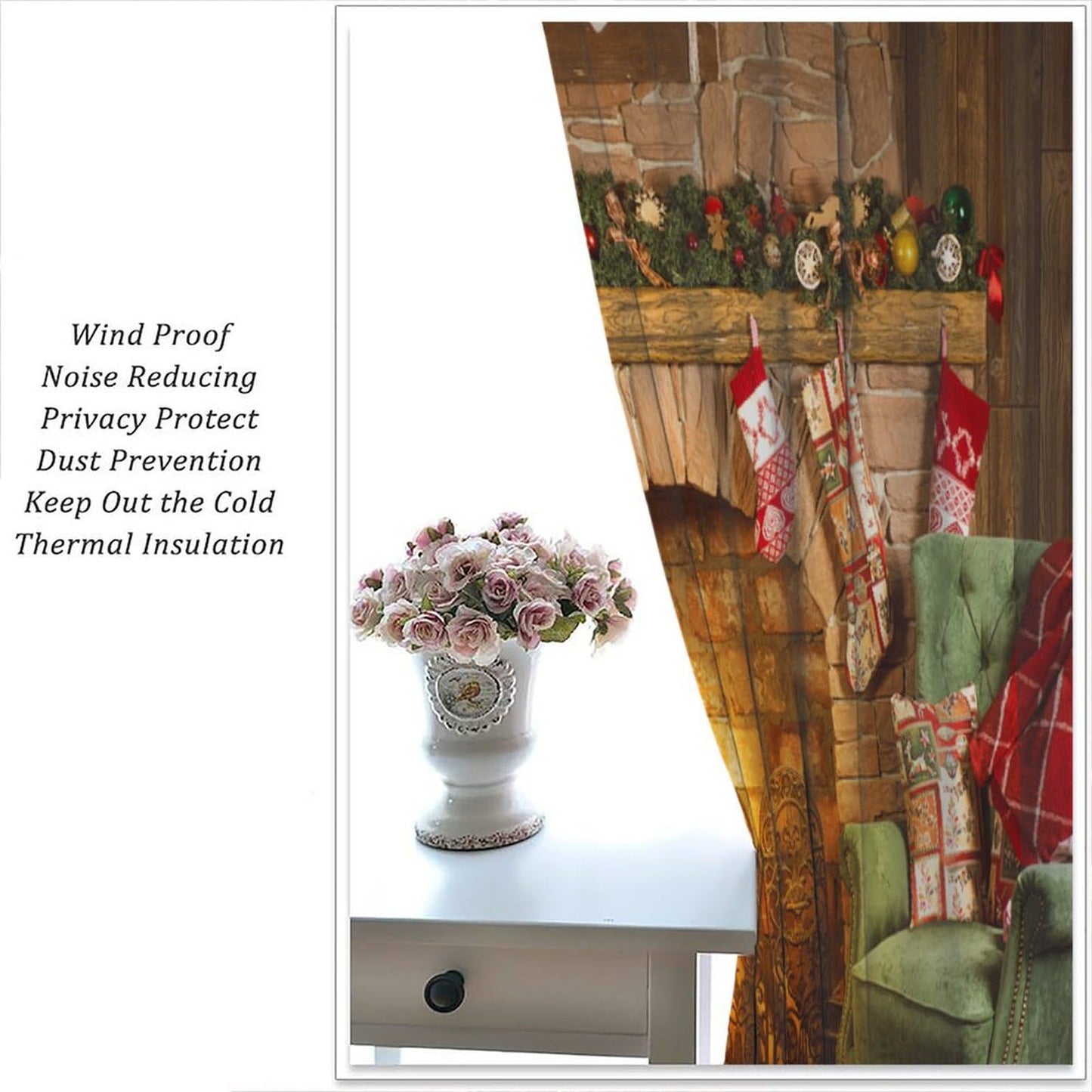 FengMingRui Christmas Window Curtain for Bedroom Fireplace Printed Window Treatment Winter Holiday Christmas Decor Window Drapes 42" W X 45" L