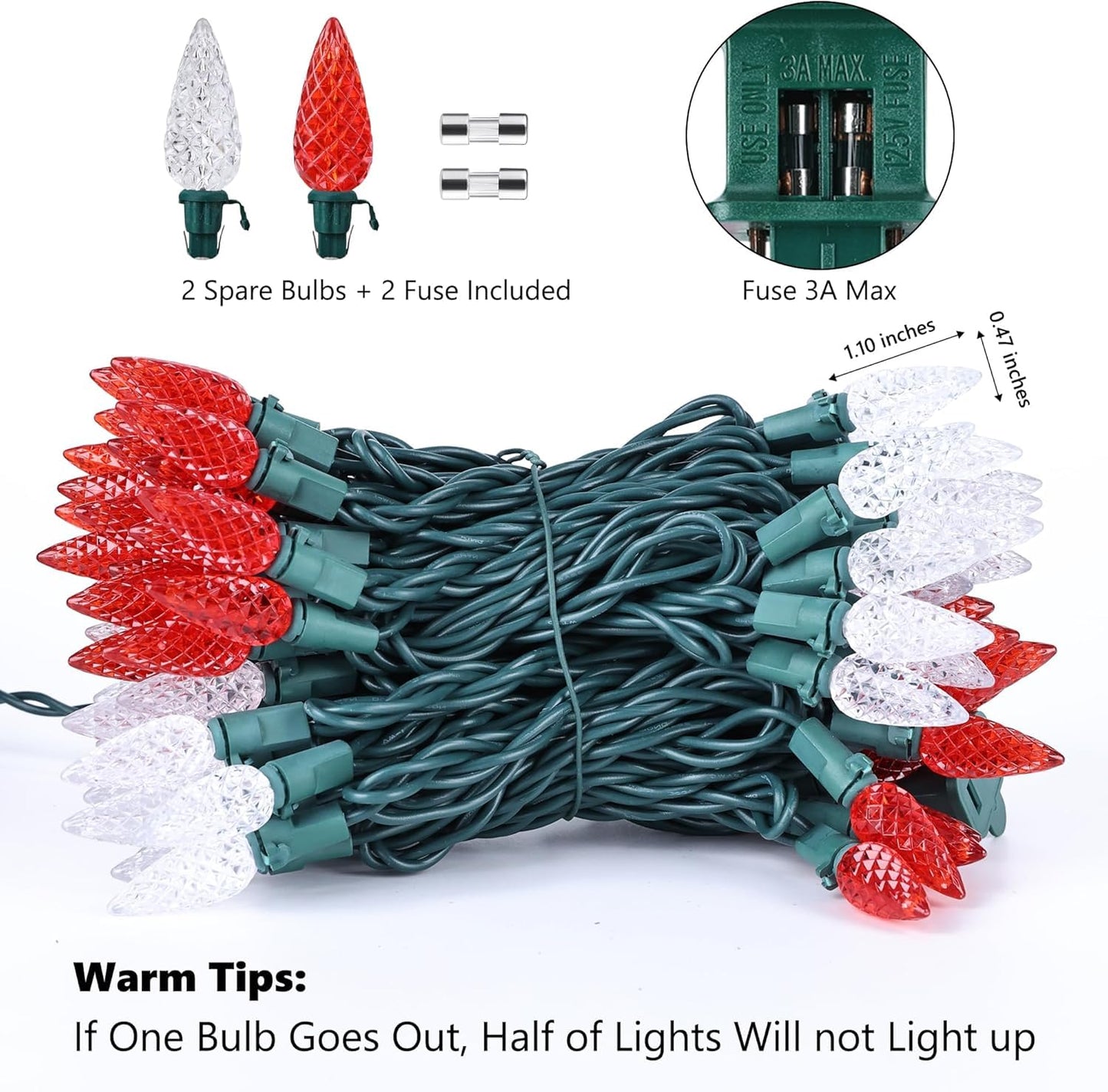 Brizled Red & White C5 Christmas Lights, 33ft 100 LED Christmas Tree Lights, Connectable 120V UL Certified Faceted Xmas Light Outdoor Indoor Xmas Lighting for Christmas Tree Party Roof Decoration