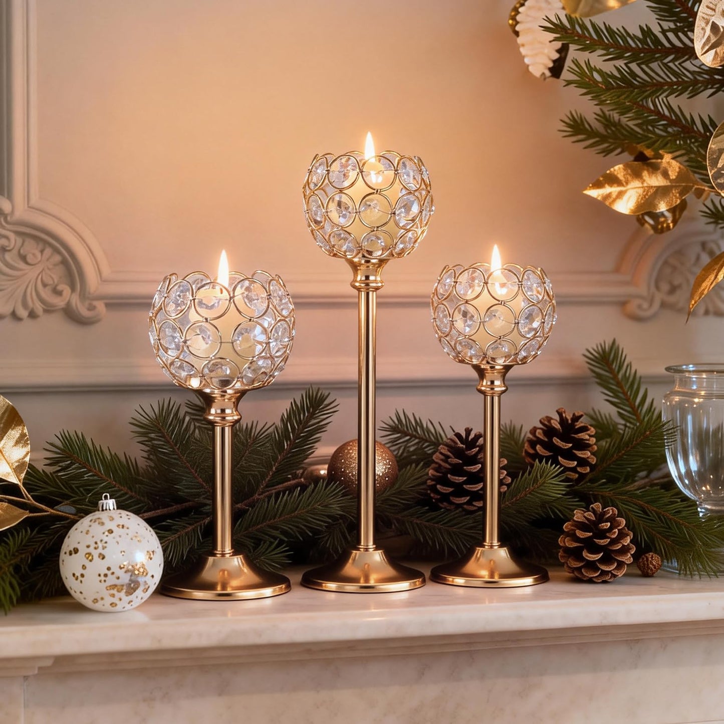Oakernel Gold Crystal Candle Holders Candlestick Holders - 4 Sets Tall Bling Bowl Candelabra Centerpieces for Dining Table, Wedding, Party & Fireplace Mantel Decor,12Pcs