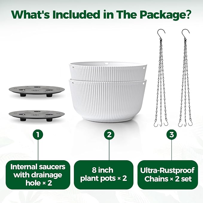 T4U Hanging Planter Self Watering 8 Inch, 2 Pack White Indoor Outdoor Hanging Plant pots, Hanging Flower Pot with Drainage Hole & Plug & Chain with 3 Hooks for Garden Home Decor