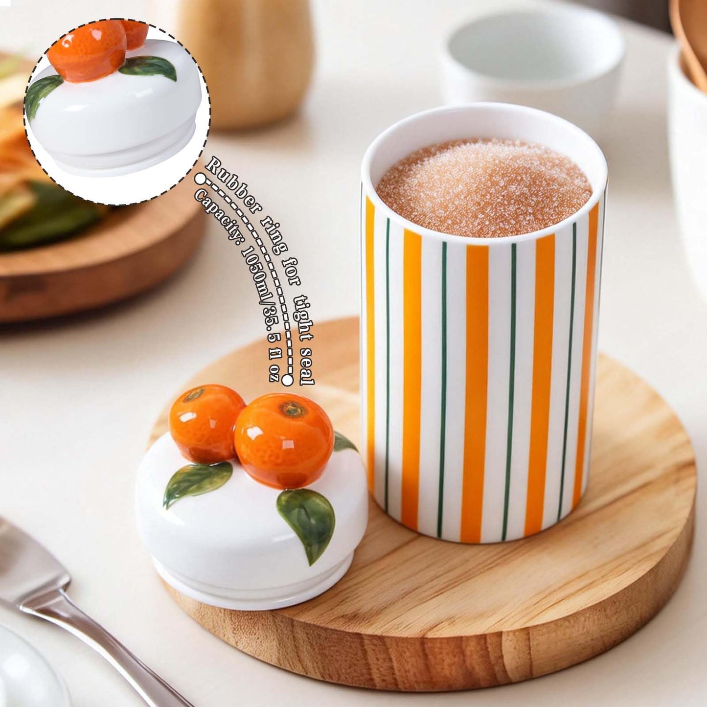 Iryanthos Cookie Jar with Airtight Lid, 9.65" H Ceramic Food Storage Containers for Kitchen Countertop Decor, Personalized Striped Jars with Orange-shaped Lid, For Candy Tea Coffee Spices Nut Honey
