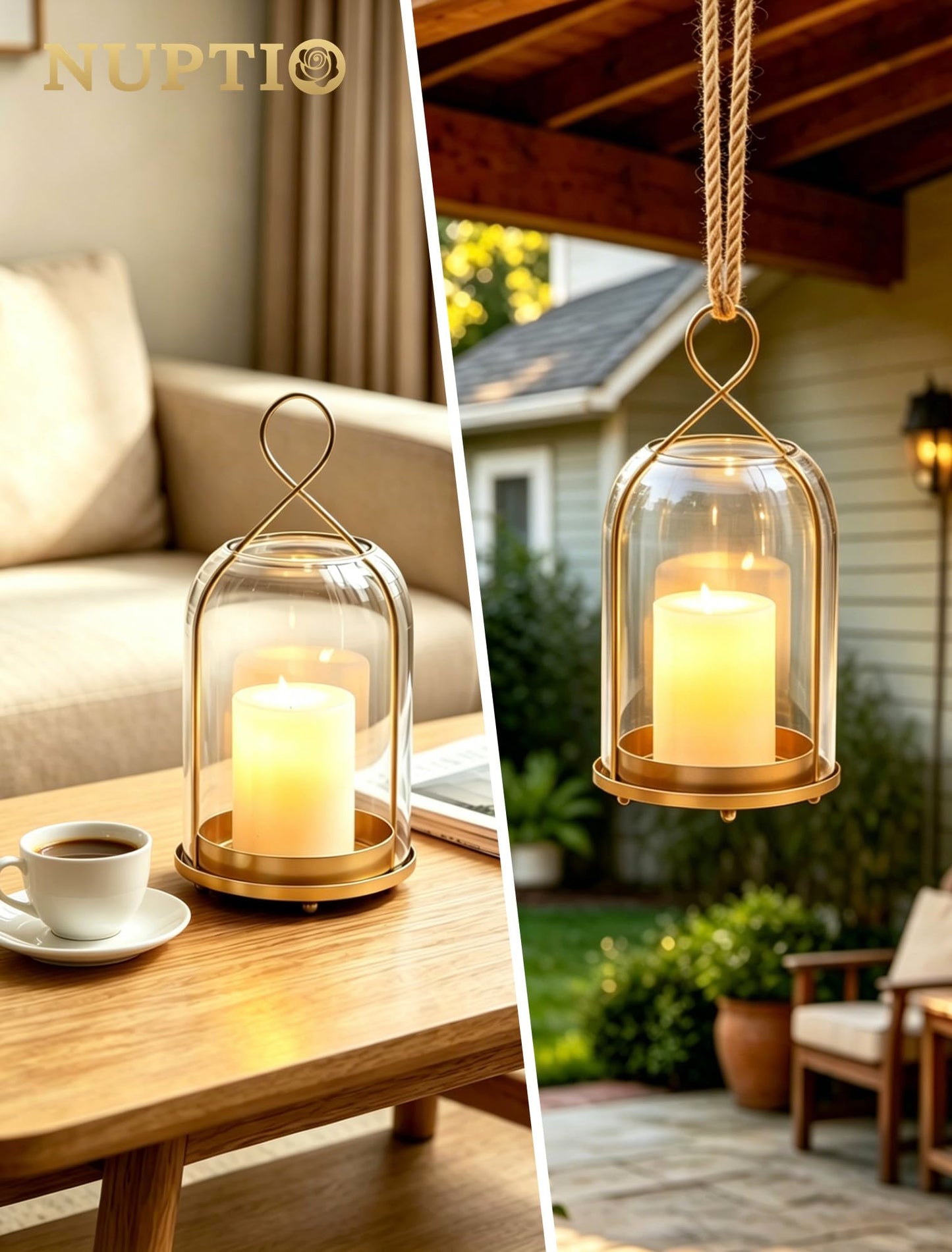 NUPTIO Glass Lanterns Decorative Outdoor: Gold Hurricane Candle Holders for Pillar Candles - Set of 2 Hanging Lantern for Home Thanksgiving Christmas Party Centerpiece