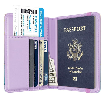 Passport Holder Cover, RFID Travel Wallet Credit Card Holder Cute Purple Pink Passport Book Holders for Women with Elastic Band and Golden Metal Decoration, Gradient Marble