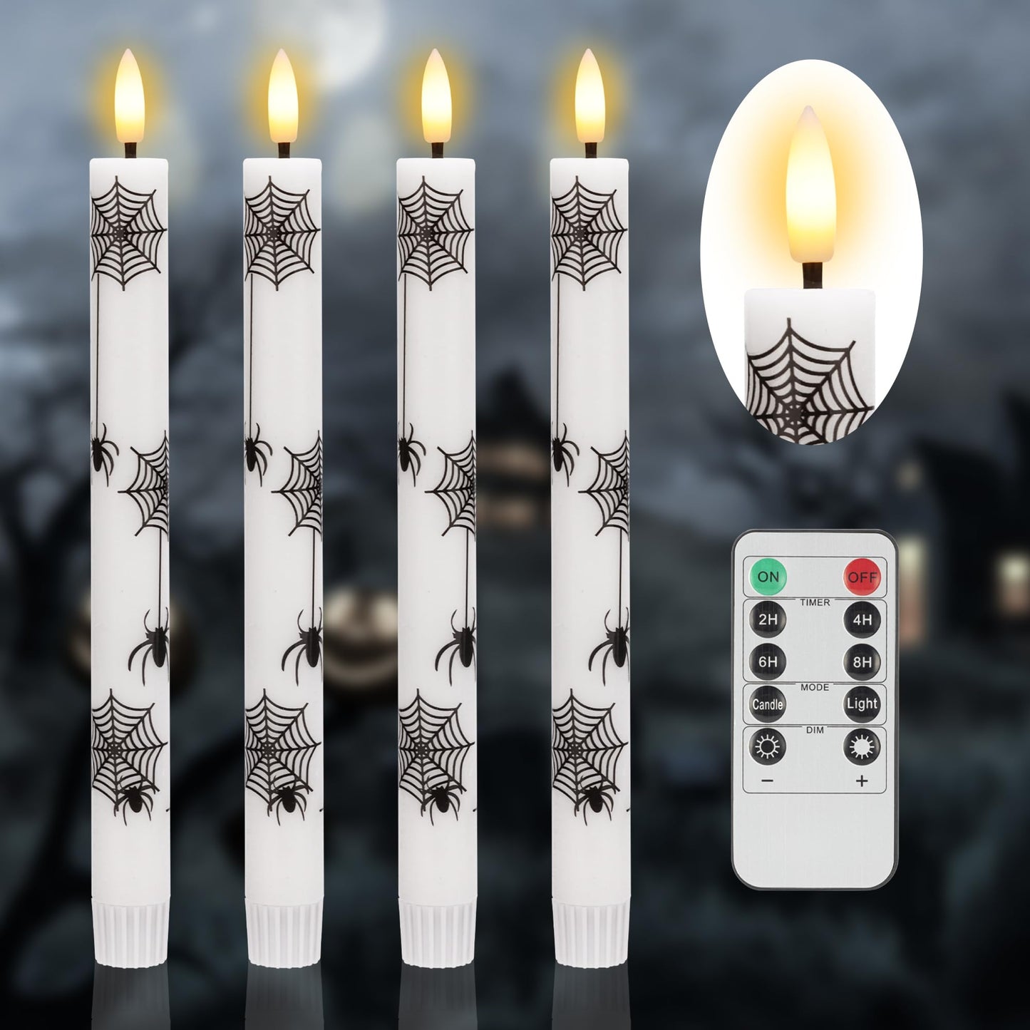 SEHNSY Halloween Flameless Taper Candles with Remote and Timer, 4 Pack Spider and Web Battery Operated LED Flickering Real Wax Candles, Spooky Decor for Halloween Table and Mantel