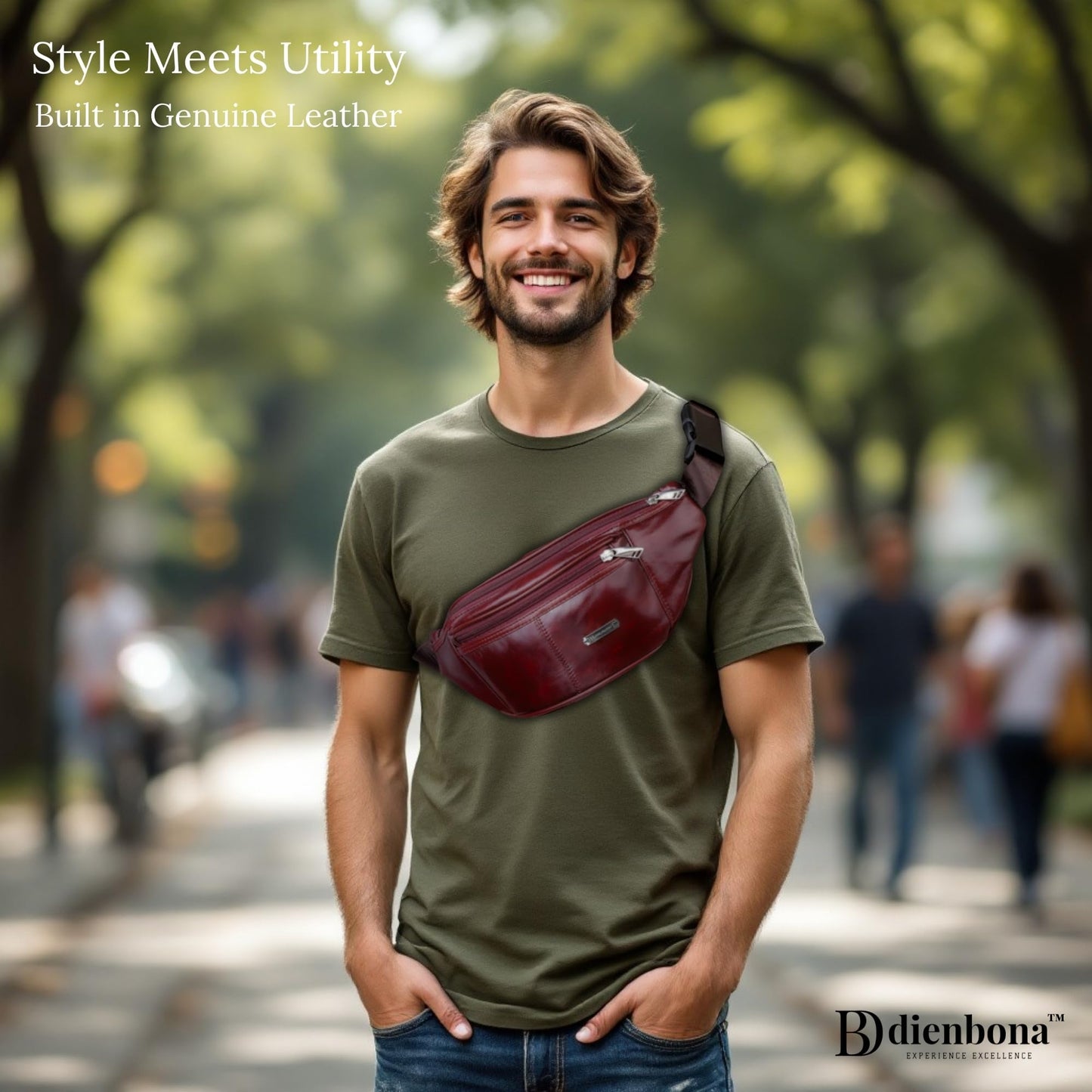 Genuine Leather Fanny Pack Bum Bag for Men – Crossbody Sling Waist Bag with 3 Pockets & Hidden Anti-Theft Pocket, Adjustable Strap, Lightweight Travel Hip Bag for Hiking, Outdoor & Daily Use (Oxblood)