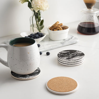 LIFVER Coasters Set of 6, Coasters for Drinks Absorbent Stone with Holder, Black Marble Style Ceramic Drink Coaster for Tabletop Protection, Coffee Table Decor Ideal for Home Decor House Warming Gifts