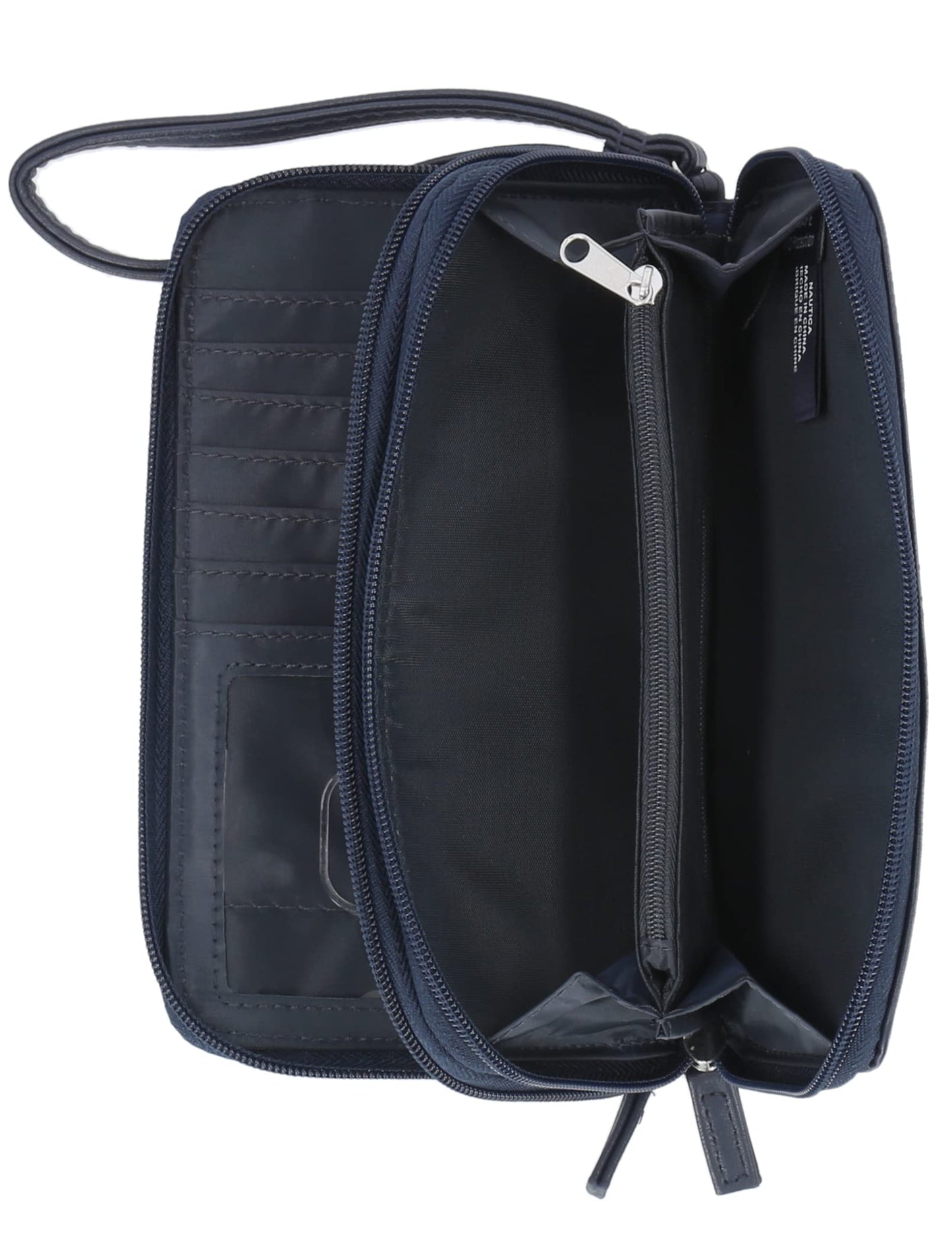 Nautica On The Double Zip Around Vegan Leather Womens RFID Clutch Wallet With Wristlet Strap, Indigo