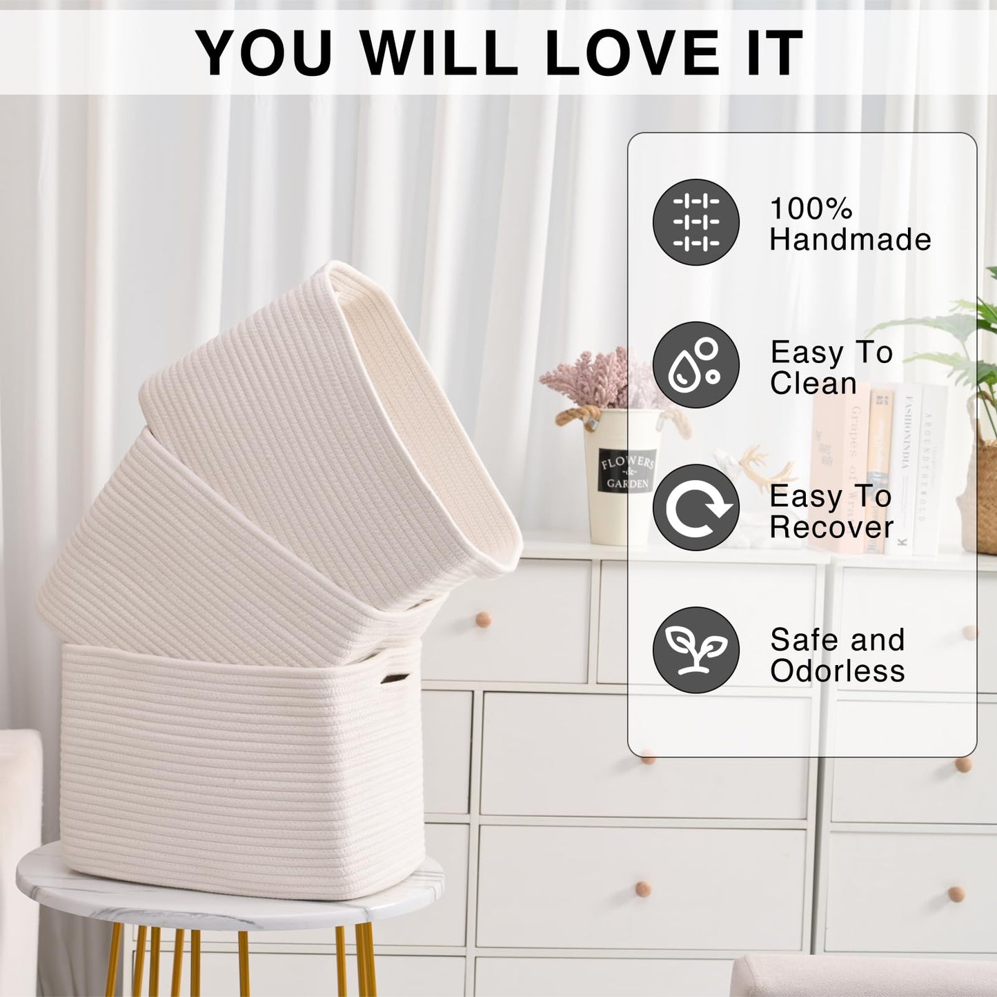 ICERZCZ Storage Baskets for Organizing Shelves, Woven Cotton Rope Bins for Baby Nursery Organization, Book Toy Towel Organizer, 15"x11"x9.5", 3 Packs, Off White