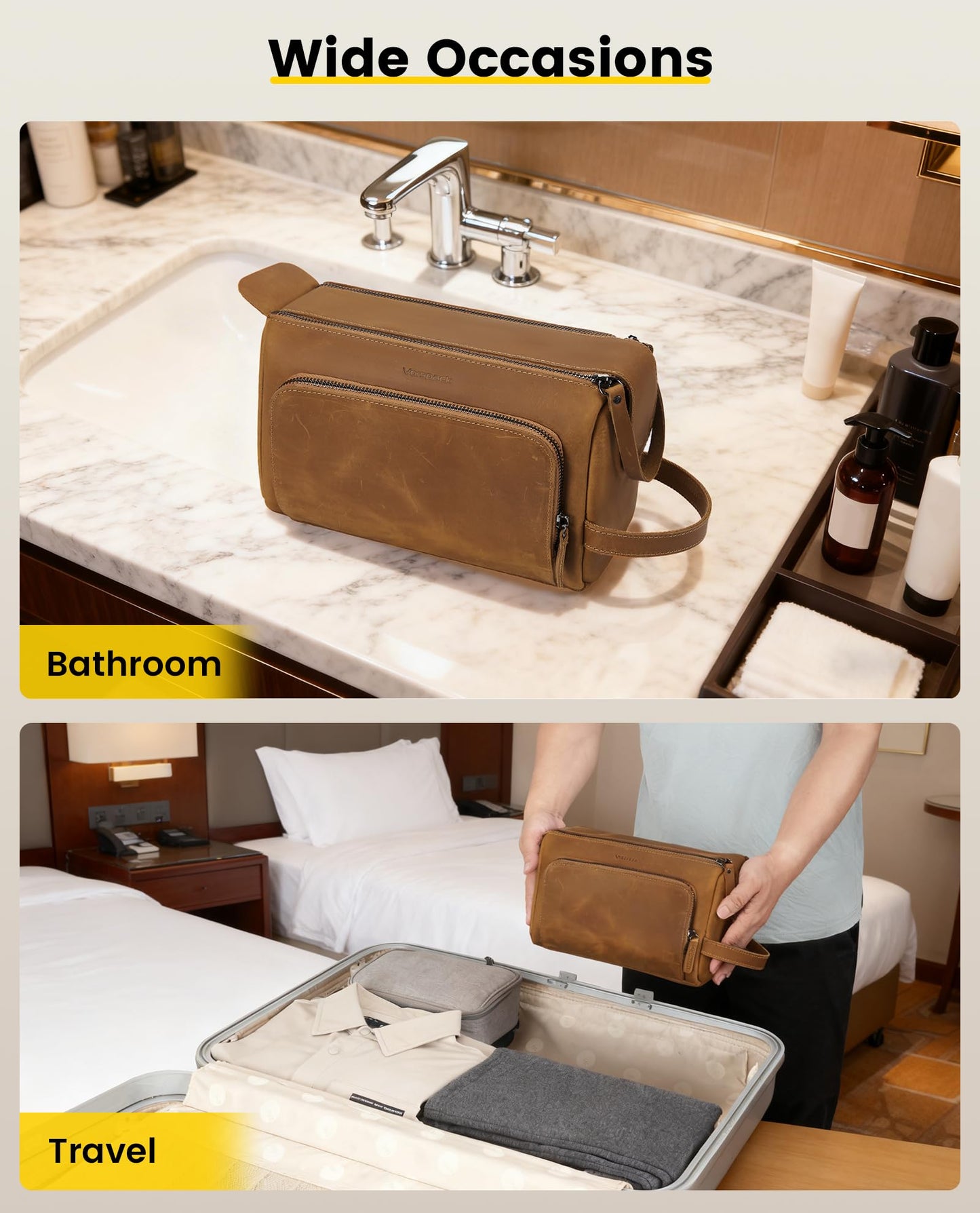 Vorspack Genuine Leather Toiletry Bag for Men - Water Resistant Travel Bag for Toiletries, Essentials, Accessories - Light Brown