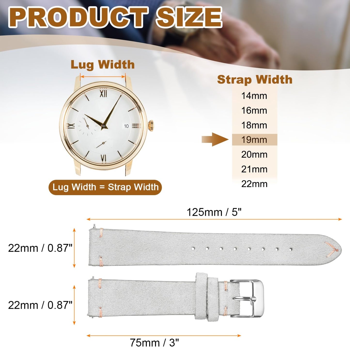 HARFINGTON Leather Watch Band 19mm Width Watch Strap Top-Grain Suede Cowhide Wrist Bands Replacement with Stainless Steel Buckle for Men Women, Light Gray