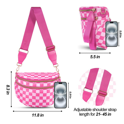 Checkered Crossbody Bag,Nylon Bum Bags for Women Crossbody,Spacious Sling Bag Purse Fanny Packs with Shoulder Strap