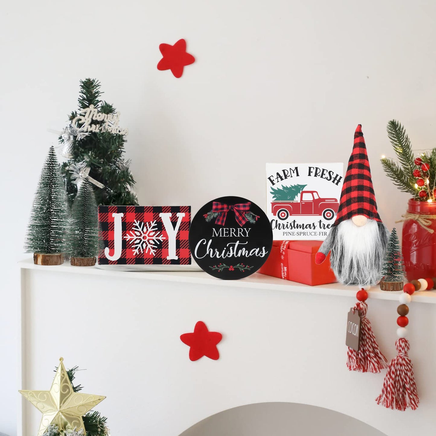 Christmas Tiered Tray Décor Set of 7, Merry Christmas Farm Fresh Truck, Joy Wood Sign Buffalo Plaid Gnome Plush and Trees, Farmhouse Table Home Party Shelf Fireplace Mantel Decor