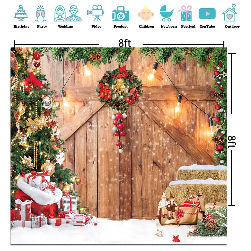CYLYH 8x8FT Christmas Backdrop Barn Wood Door Photography Backdrop Xmas Tree Snow Gift Wall Floor Party Photo Background for Holiday New Year Party Banner Christmas Family Party Supplies