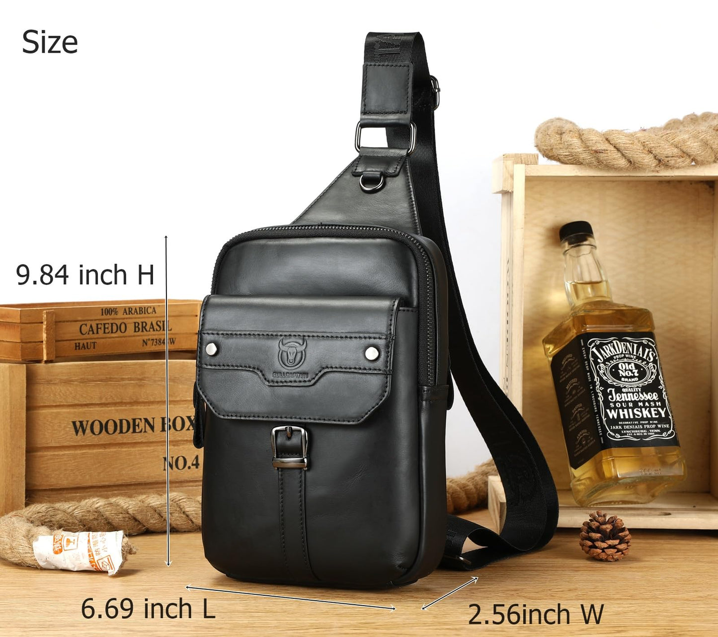 BULLCAPTAIN Men's Leather Samll Crossbody Backpack Sling Chest Bag for Hiking Travel (Black)