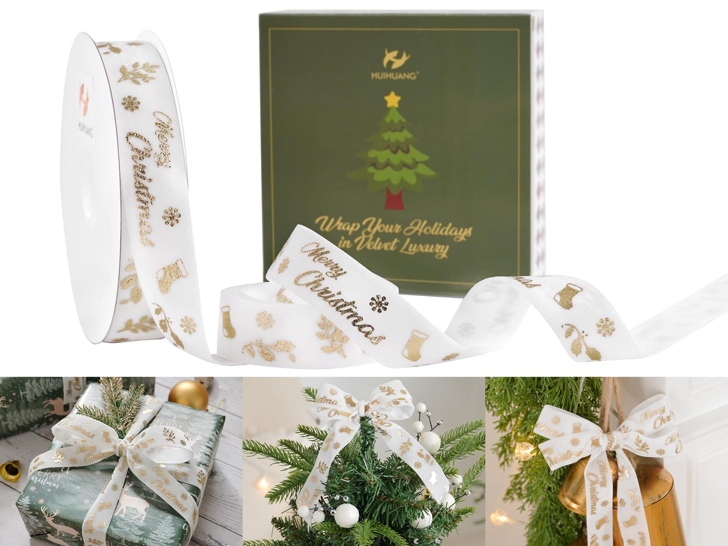 HUIHUANG 1 inch Christmas Velvet Ribbon White Velvet with Gold Printed Merry Christmas Ribbon for Gift Wrapping, Tree Ornaments, Wreaths, Garlands, DIY Crafts, Home Decor- Continuous 10 Yards