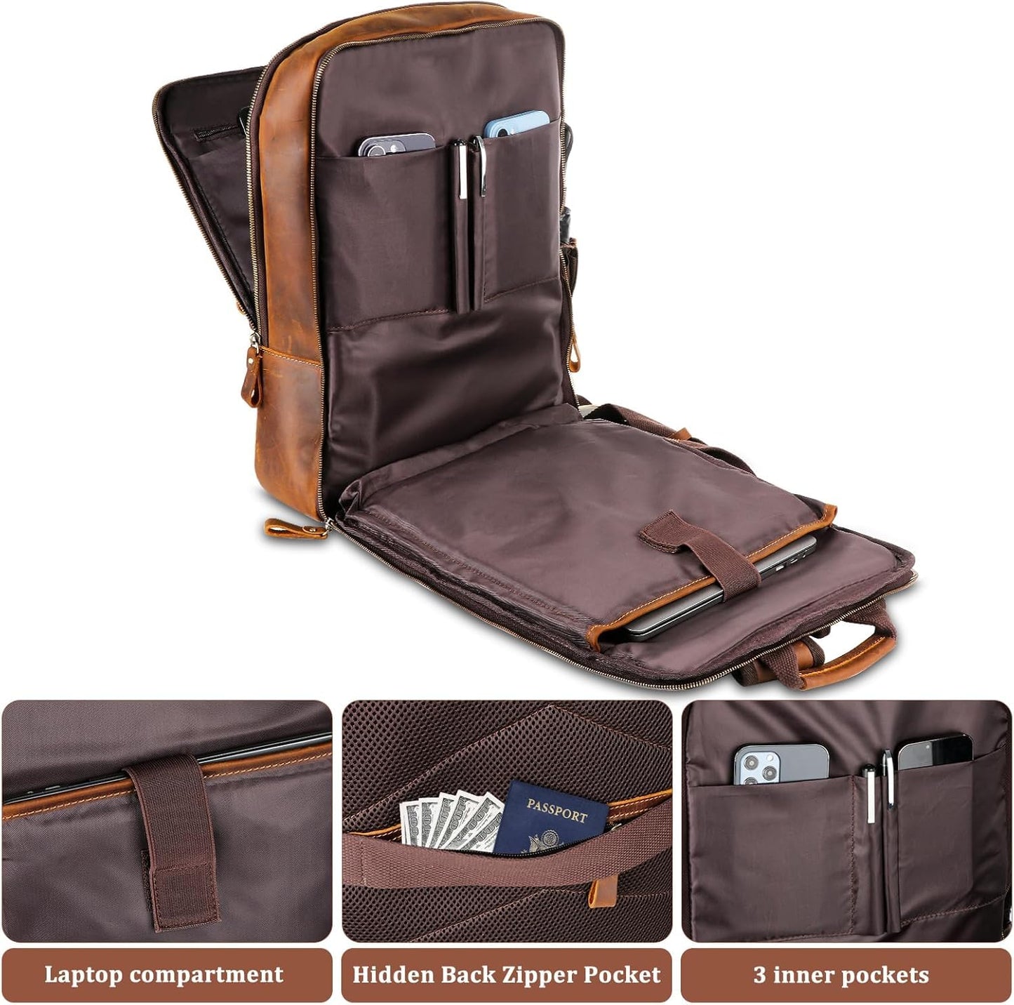Fshsup Full Grain Leather Backpack 15.6" Laptop Bag Men's Vintage Genuine Leather Business Backpack Travel Hiking Camping Rucksack Overnight Weekender Daypack Backpack