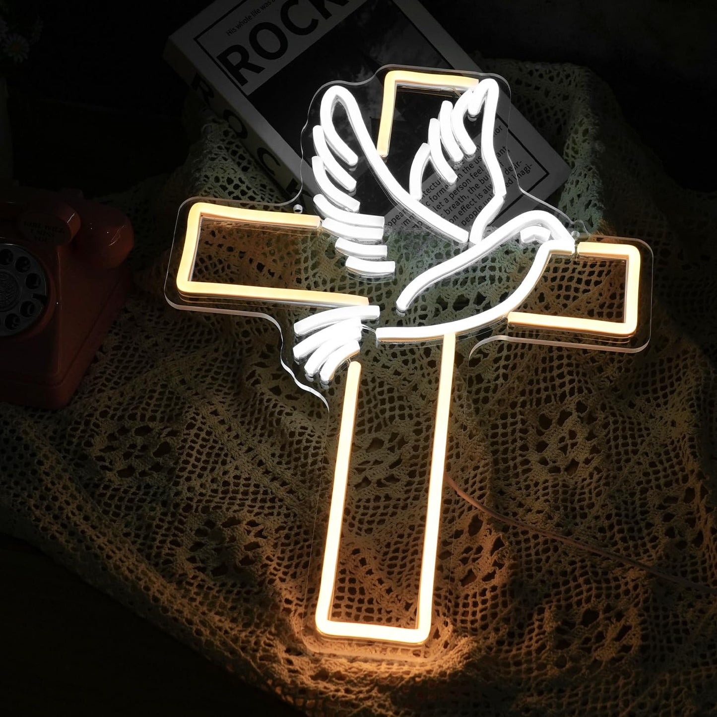 Cross Neon Sign Dimmable Led Easter Cross Neon Light For Wall Decoration White Dove of Peace Neon Light Signs USB Powered Light Up Sign For Festival Party Wedding Home Decor