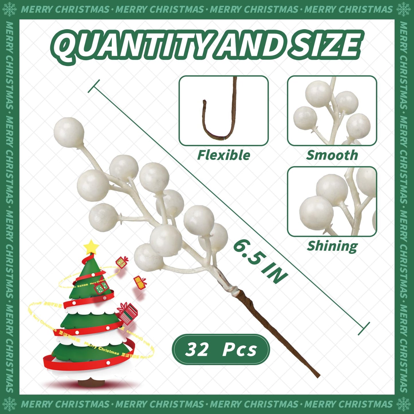 LLZLL 32 Pack Christmas Picks Artificial Christmas Tree Berries 6.5 Inch Holly Berry Stems for Winter Xmas Holiday DIY Ornaments（White）
