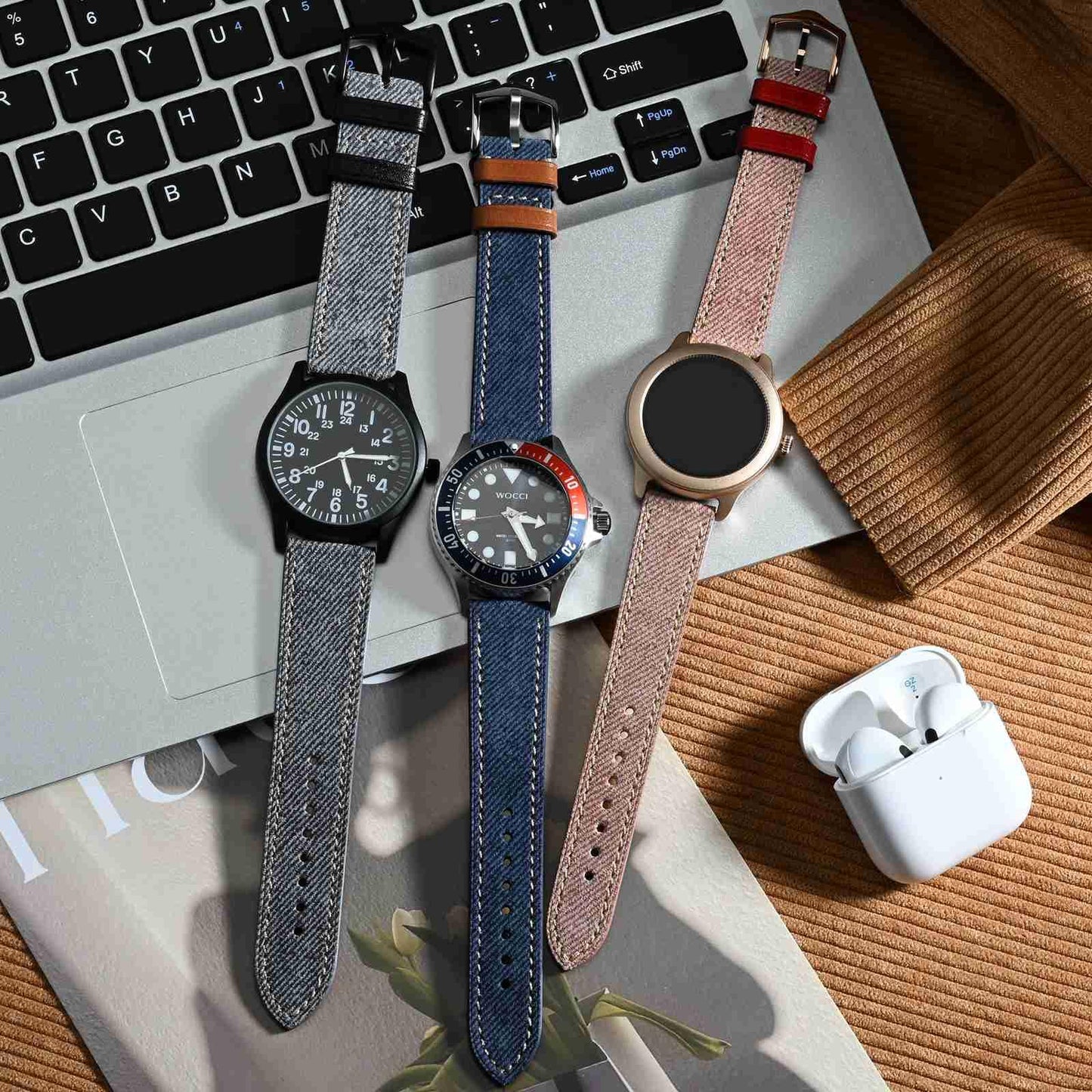 WOCCI 20mm Watch Band, Italian Leather, Denim Pattern, Silver Buckle (Denim Blue)