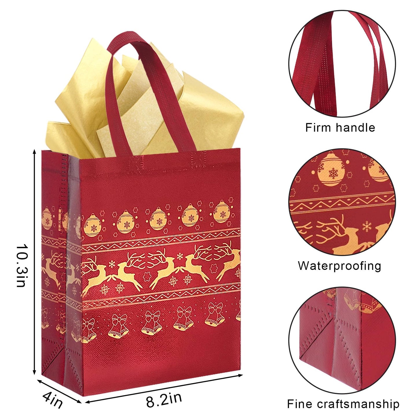 16Pack Christmas Gift Bags Medium Size with Tissue Paper - Reusable Non-Woven Tote Bags with Handles - Perfect for Gift Wrap/Party Favor Supplies - 10.2" x 8.3" x 4"