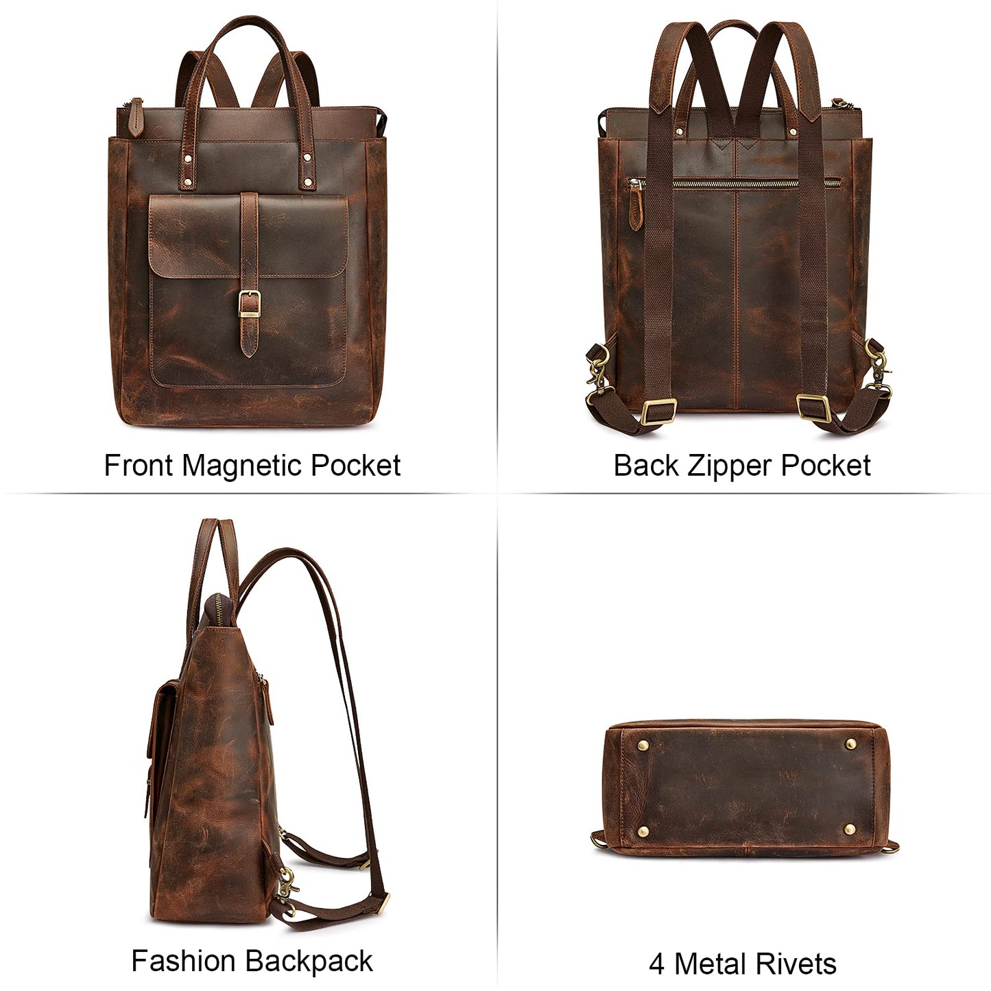 S-ZONE Women Genuine Leather Backpack Purse Retro Top-handle Bags Vintage Totes Casual Daypack